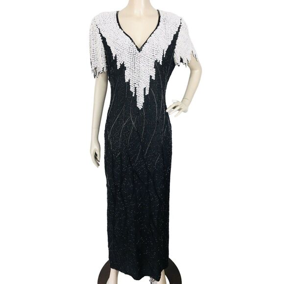 Vintage Scala 100% Silk Full Length Fully Beaded Formal Party Dress Size M/L